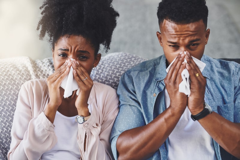 Sick Couple Sneezing Into Tissues On Couch